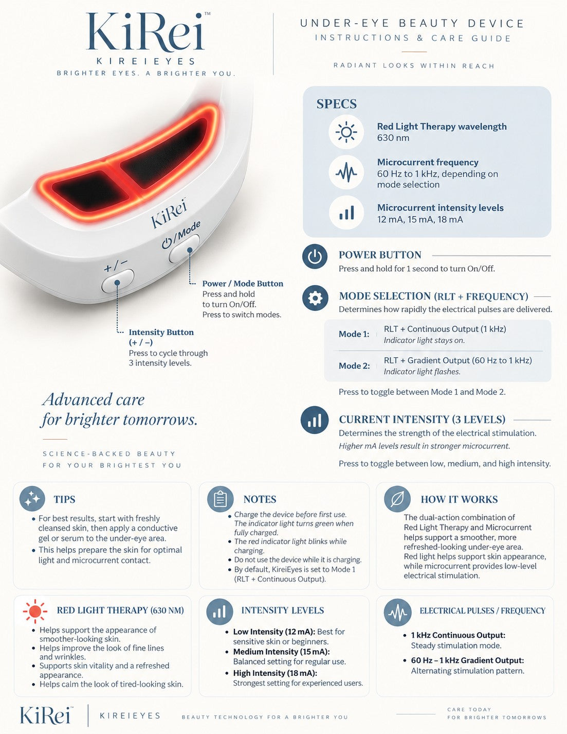 KireiEyes instructions and care guide. Specs: red light therapy at 630 nm, microcurrent frequency 60 Hz to 1 kHz depending on mode, three microcurrent intensity levels at 12, 15 and 18 mA. Power button: press and hold for one second to turn on or off. Mode selection: Mode 1 is red light plus continuous output at 1 kHz with the indicator light steady, Mode 2 is red light plus gradient output from 60 Hz to 1 kHz with the indicator flashing. Intensity button cycles three levels: low 12 mA for sensitive skin or beginners, medium 15 mA for regular use, high 18 mA for experienced users. Tips: start with freshly cleansed skin then apply a conductive gel or serum. Notes: charge before first use, the indicator turns green when fully charged and blinks red while charging, do not use while charging, and the device defaults to Mode 1.
